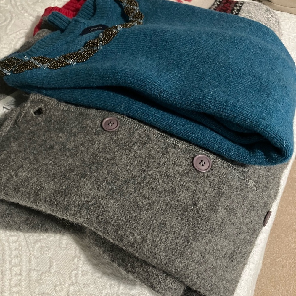 Lands' End Teal Wool Sweater with Beaded Neckline - Picture 7 of 12